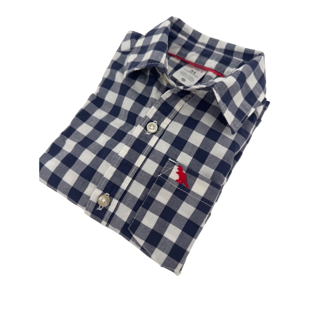 Carters Toddler Boys Navy Gingham Button Down Shirt Dinosaur 3T Long Sleeve